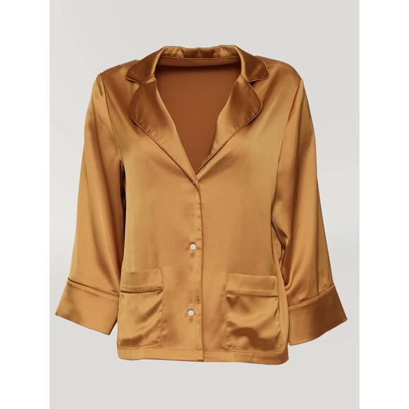 (M) NWT $198 CARBON38 Satin Short Sleeve Resort Top Gold size Medium - Picture 4 of 8